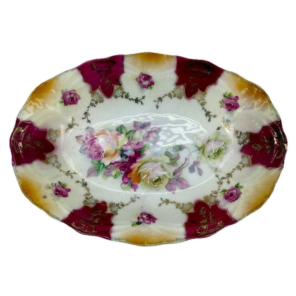 Vintage BT Co‎ Germany Porcelain Dish Hand Painted Gold Trim Floral Oval 6.5"